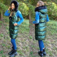 Дамски елек с качулка City Angels Jeans, тъмно зелен лак с пух 6773